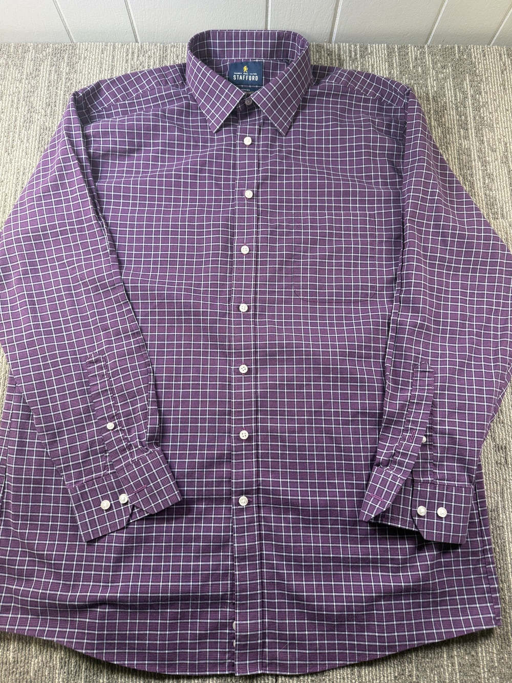 Stafford Dress Shirt Mens 17.5 34/35 Purple Check Slim Fit Travel Easy Care LS